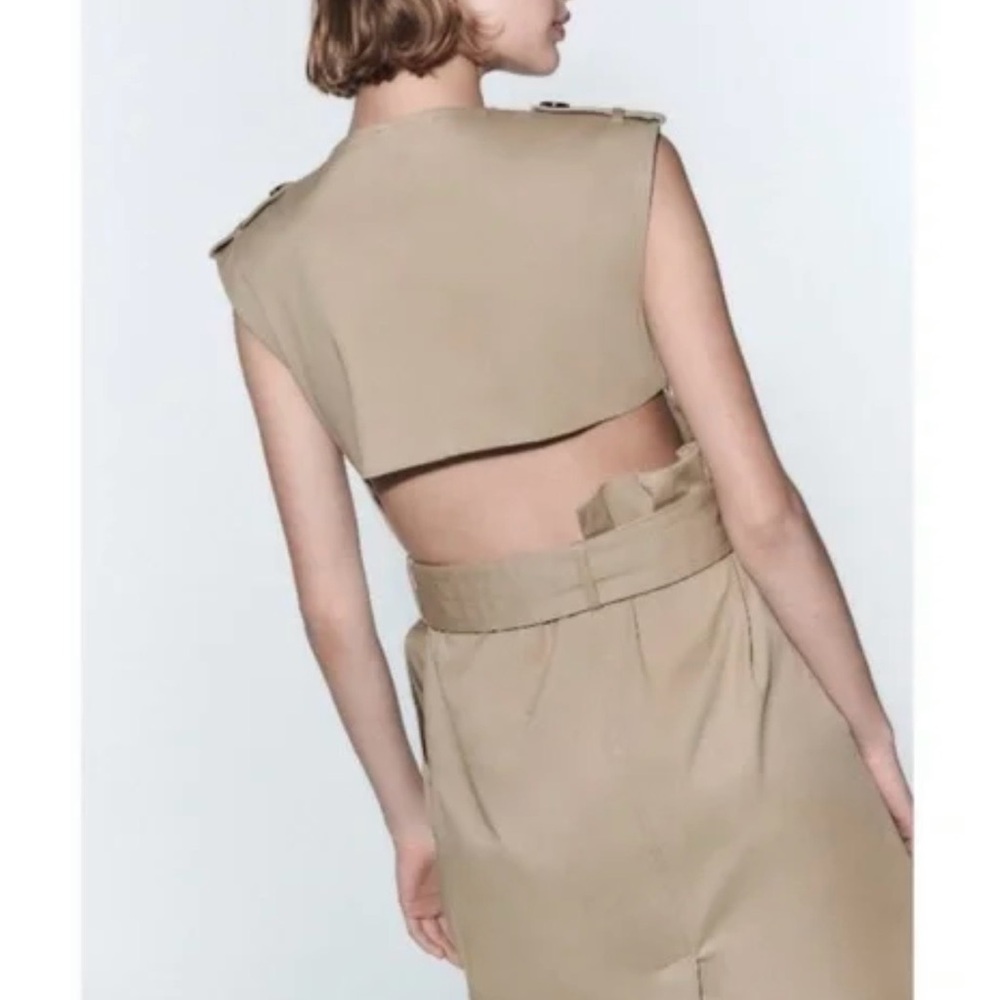 ZARA Tan Sleeveless Double-Breasted Midi Dress with Belt with open slit on back